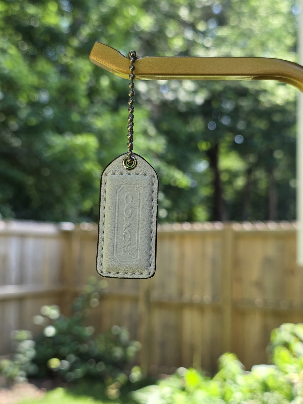 Coach Small White Leather Hangtag with Metallic Silver Ball Chain